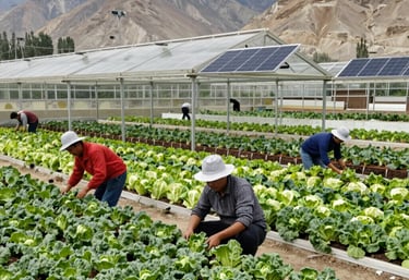 A vibrant smart greenhouse thriving with plants, set against Ladakh’s rugged landscape.