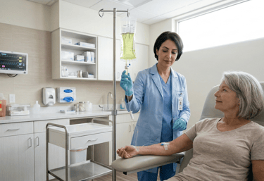 A nurse in a blue coat administers an IV drip to a senior patient in Kemet Oxy clinic.