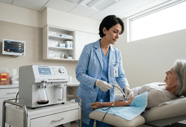  administering ozone therapy to a patient in a modern medical clinic using a specialized generator.