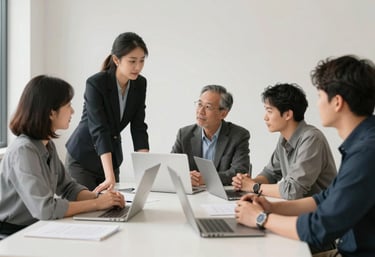 A group of professionals collaborating in a North American / US co-working space, high-key lighting with soft off-white and silver grey details.