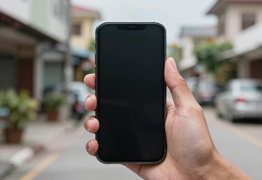 A Southeast Asian / Malaysian person showing a thumbs up while holding a smartphone, blurred local residential street in the background, bright daylight.