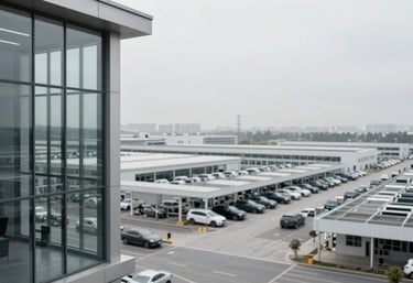 A modern, minimalist corporate office overlooking a vast, organized automotive assembly plant. Sleek glass walls and steel pillars, reflecting a clean, forward-thinking business environment using #F9F9F9 tones.