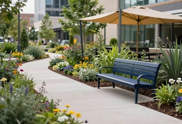 A scenic view of a newly developed urban garden in North Tulsa, Oklahoma. Vibrant green plants and flowers surround a modern walking path. The lighting is soft and airy. A navy blue bench sits under a goldenrod-colored sunshade.