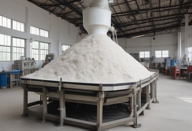 Close-up of modern milling machinery processing rice grains into flour.
