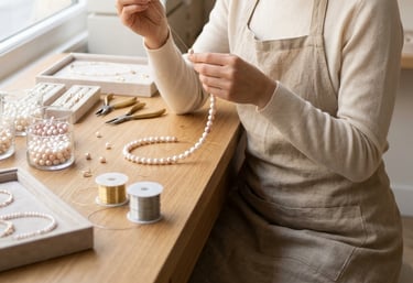 Jewelry maker handcrafting a pearl necklace with wire and tools at a wooden workbench.