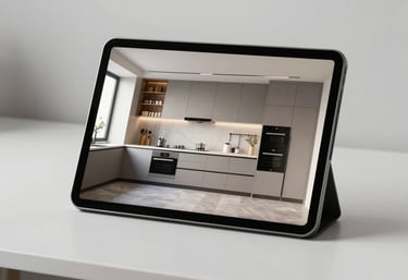 A clean, minimalist photography shot of an architect's workspace with a high-resolution tablet showing a finished interior render of a modern kitchen.