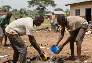 A community gathering around a newly installed water well in a Congolese village.