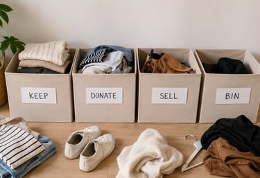 Four clearly labelled cardboard boxes or fabric storage bags, Keep, Donate, Sell, Bin
