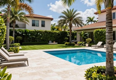 Luxurious outdoor patio area sparkling clean with subtle silver and navy details.
