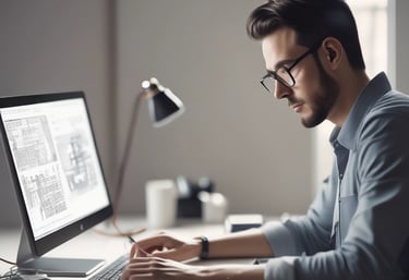 a man sitting at a desk with a computer and a pen