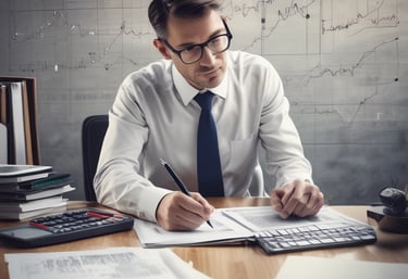 A close-up of hands holding a financial report with charts and notes.