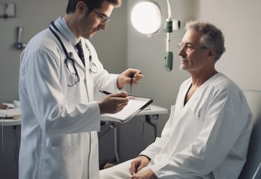 A team of doctors and nurses collaborating during a shift handover in a busy hospital ward.