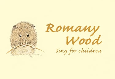 Illustration of a dormouse with Romany Wood sing for children text on a cream background.