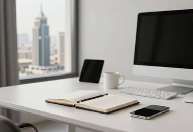 A sleek, minimalist home office in a Middle Eastern / Gulf city with a view of modern landmarks. The desk features a notebook and digital devices in soft cloud white tones.