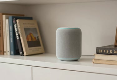 A cozy North American / US living room scene showing a smart speaker subtly integrated on a clean white shelf among books, warm lighting, approachable and trustworthy atmosphere.