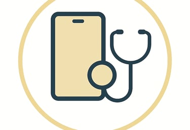 Ikon som visar mobil och stetoskop – symbol för Revaliis Nordic Health System och digital hälsovård.