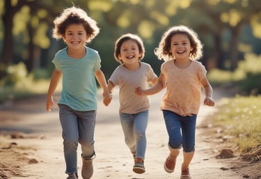 A group of diverse children holding hands in a circle, smiling outdoors.