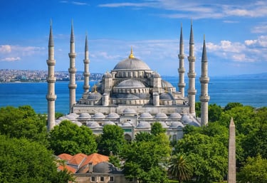 Blue Mosque Sultan Ahmet in Istanbul, Turkey, known for its six minarets and spectacular Ottoman architecture.