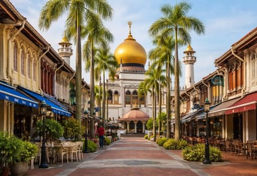 Sultan Mosque in Singapore located in Kampong Glam with its iconic golden dome and historic surroundings.