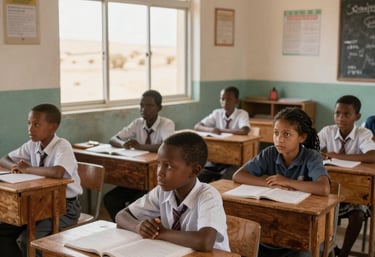 Local farmers tending to drought-resistant crops under a bright blue sky in Kenya's arid lands.