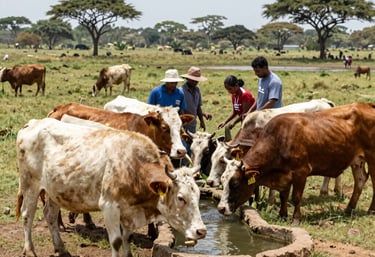 A group of community members gathered around a water pump in a dryland village, smiling as they access clean water.