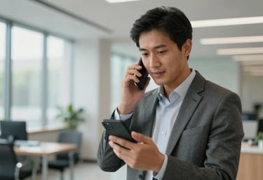 A digital professional in a North American / International business center using a mobile phone, modern and reliable feel.