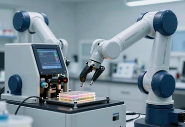An automated robotic arm delicately handling microplates in a pharmaceutical research lab, North American setting, modern design with dark blue and white colors.