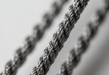 A close-up of high-tensile twisted yarn strands. The lighting is architectural, highlighting the spiral texture of the twist. Professional studio setting with a clean background.