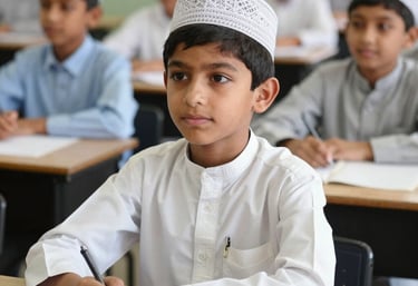 A warm classroom scene with students attentively learning from a teacher in traditional Islamic attire.