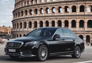 Black luxury car parked near a famous Roman monument at dusk.