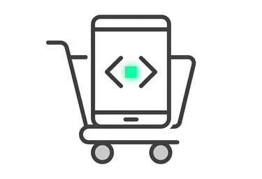 E-commerce mobile app development icon featuring a smartphone with code symbols inside a shopping cart.