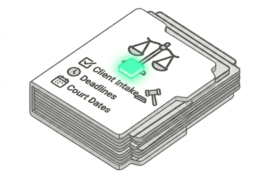 Isometric legal case folder icon featuring client intake, deadlines, and court dates for law firm management.