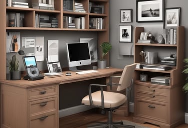 A cozy home office setup with modern computer and multimedia equipment.