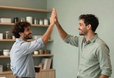 A celebratory, professional candid of two tech colleagues high-fiving in a modern office pantry area. The light is warm and inviting, using pale mist and sage green tones to create a sense of achievement and community.