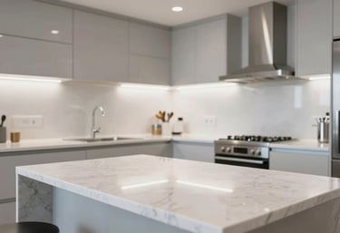 A spotless, bright kitchen in a modern British home, gleaming quartz countertops, stainless steel appliances reflecting light, sophisticated and meticulously clean.