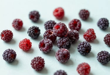 An artistic arrangement of whole freeze-dried berries on a soft mint white background, displaying deep red and purple tones.