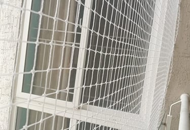 A panoramic view of pigeon nets installed across multiple balconies in a busy Lower Parel neighborho