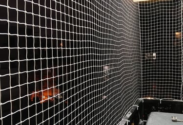 Close-up of a sturdy pigeon net installed on a balcony overlooking Altamount Road.