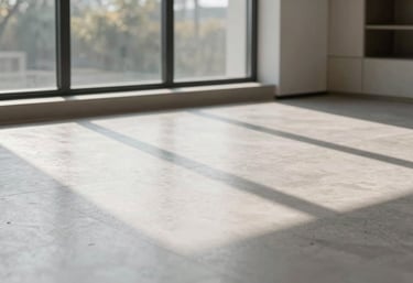 A clean, modern North American interior showing a flawlessly level and polished light gray floor reflecting soft afternoon sunlight from a large window.