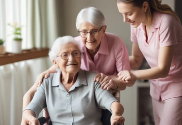 A group of calm and attentive caregivers engaging elderly residents in a joyful activity.