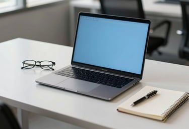 A sleek, clean workstation with a laptop and a notebook, showing a South American / Brazilian office setting, soft professional lighting, charcoal and sky blue color accents.