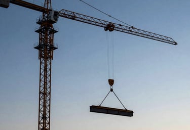 A dramatic sunset photograph of a large crawler crane lifting a structural beam at a professional North American construction site. The silhouette of the machinery is sharp against a sky of deep navy and light blue.