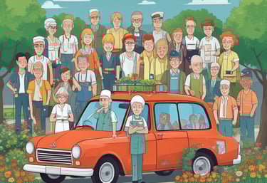 A friendly senior woman smiling while chatting with a helpful volunteer in a cozy living room.