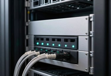 A close-up of a modern server room, with neat cables and soft silver panels. Subtle modern teal LED indicator lights blink in the charcoal black shadows.