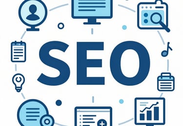 A blue SEO marketing illustration featuring digital strategy icons for data analytics, web design, and search optimization.