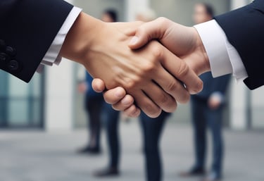 A close-up of hands exchanging a contract over a modern office desk, symbolizing partnership and trust.