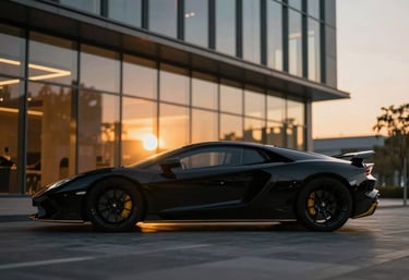 The silhouette of a luxury black sports car parked in front of a modern glass building at dusk. Golden light rays from the setting sun and #B8A066 neon accents under the chassis.