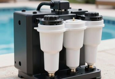 A detailed photograph of a clean, modern pool filter system and saltwater conversion equipment installed in a South Florida residential area.
