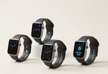 A modern studio shot of sleek electronic devices, including smart wearables, arranged cleanly on an off-white background with professional soft lighting.