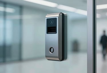 A close up of an access control card reader on a glass office door, sleek modern design in a corporate hallway, #1A2B3C and #9BB6D5 palette.
